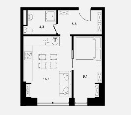 Однокомнатная квартира 29.5 м²
