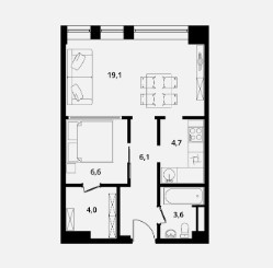 Двухкомнатная квартира 44.1 м²