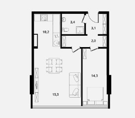 Однокомнатная квартира 48.3 м²