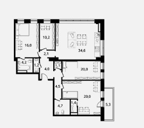 Четырёхкомнатная квартира 124 м²