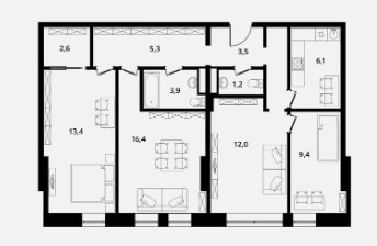 Трёхкомнатная квартира 73.8 м²