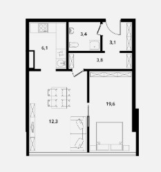 Однокомнатная квартира 48.3 м²