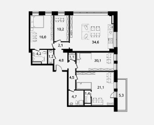 Четырёхкомнатная квартира 125.2 м²
