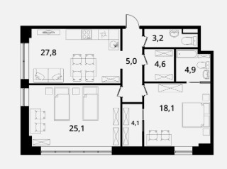 Четырёхкомнатная квартира 92.8 м²