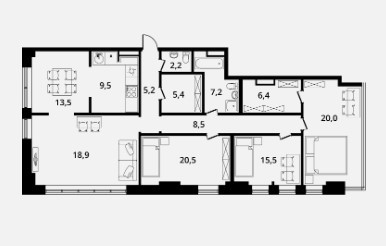 Четырёхкомнатная квартира 133.3 м²