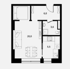 Однокомнатная квартира 29.5 м²